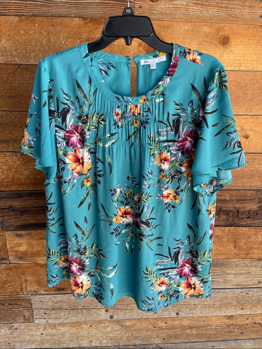 DR2 Teal Floral Flutter-Sleeve Blouse